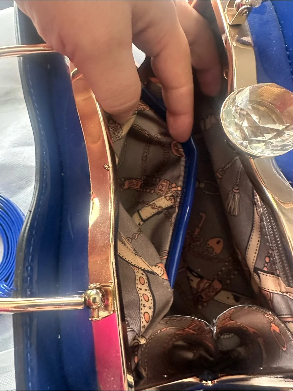 La Terre Blue Vegan Purse w Detachable Gold Chain Strap, Gem Clasp FANCY